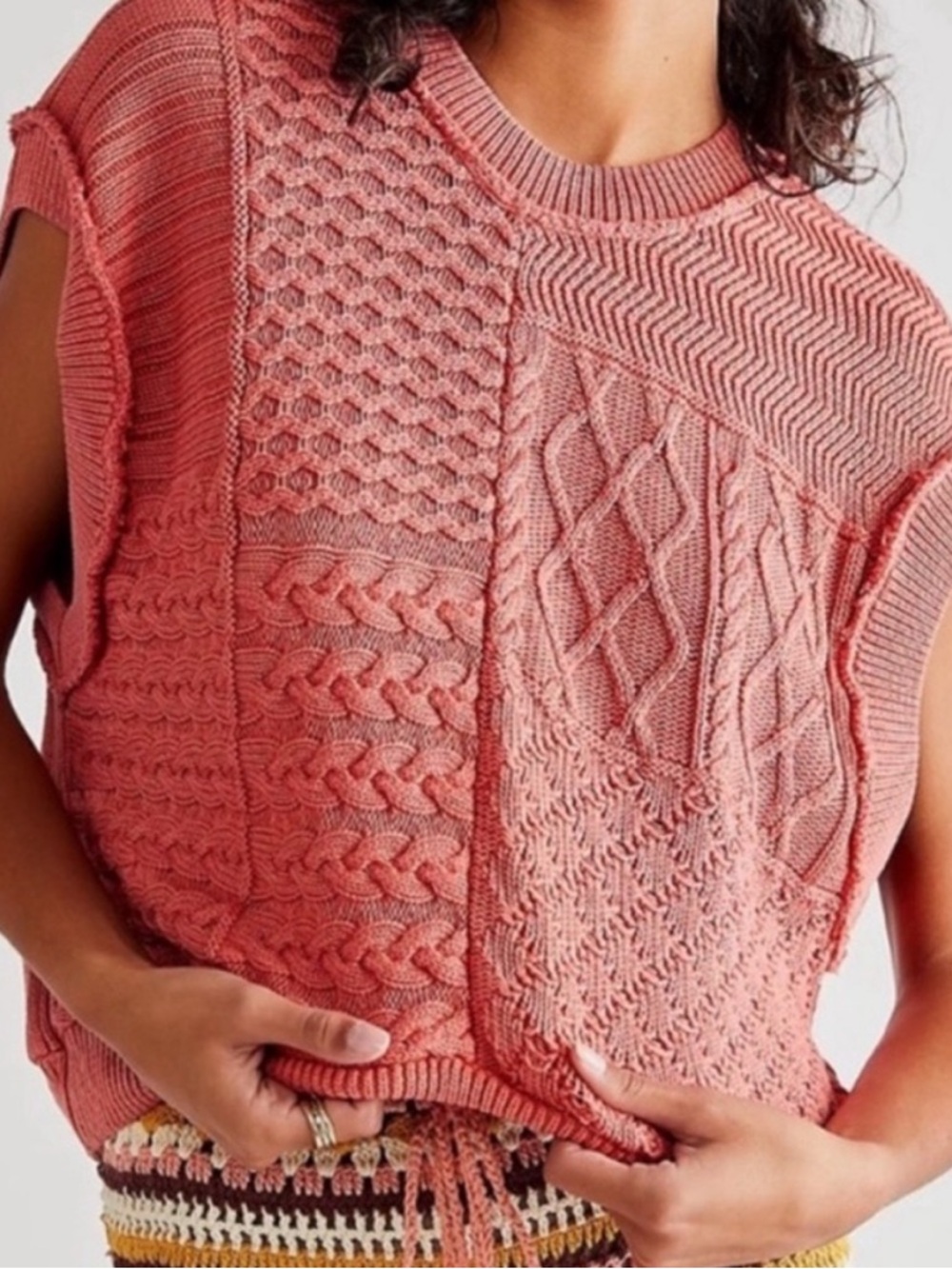 Free People Take the Plunge Sweater Vest Coral Patchwork Cable-Knit